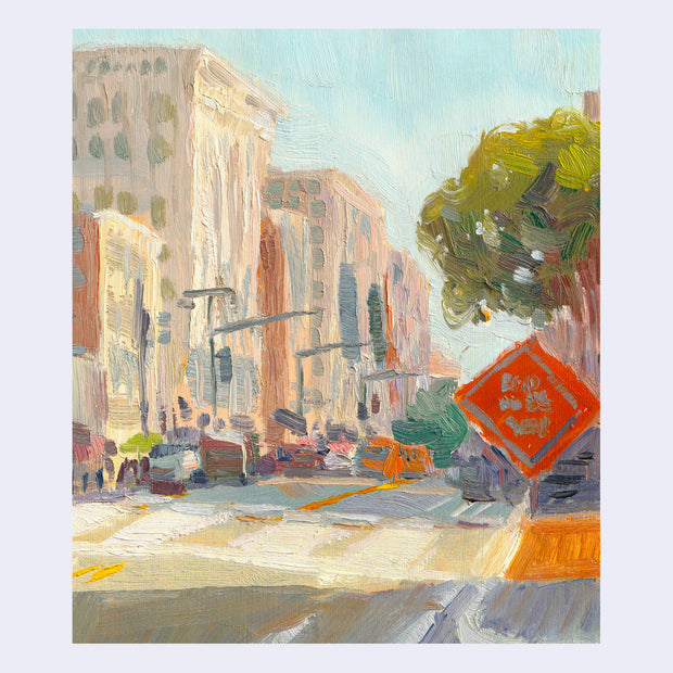 Plein air painting of a street in Downtown LA with many cars parked along the street and roadwork signs.