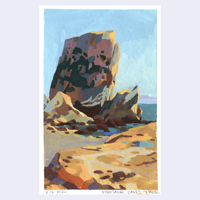 Plein air painting of a beach scene, with a large rock with moss on it in the background and a flat rock with a tide pool in it in the foreground.