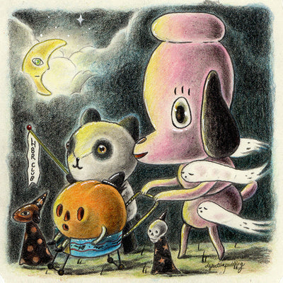 Illustration of a several characters walking in a parade style, holding a tiny banner that reads "H8r club" in a moonlit night. Characters are a small witch dog, a pumpkin, a panda, a skeleton witch, a large pink dog and some ghosts.