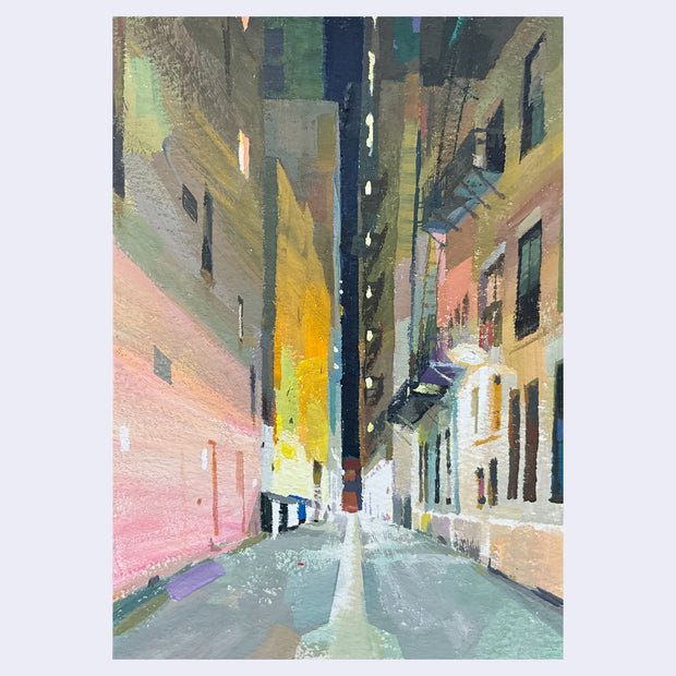 Plein air painting of an alleyway at night, with tall urban buildings lining it. Artificial lights illuminate the alley.