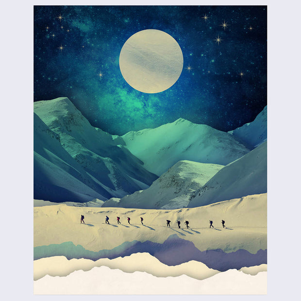 Illustration of a winter mountain scene at night, with a large white moon overhead and variously shaded blue and white mountains. A group of small hikers walk underneath.