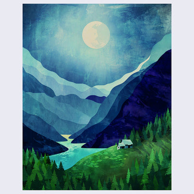 Color block style illustration of a bright white moon over a series of blue mountain ranges. At the bottom of the mountain is a lush green patch with many pine trees. A small house sits alone within the trees.