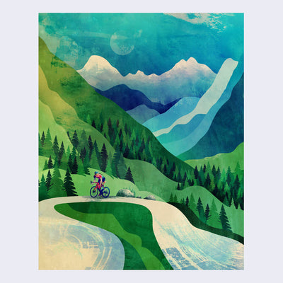 Color block style illustration of lush green mountain ranges with lots of trees, blue mountain ranges behind them. A bicyclist rides their bike alone up a winding paved path.