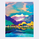 Color block style illustration of a colorful mountain range and reflective lake scene. At the bottom of the mountain is a house and a long tree line. 