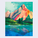 Color block style illustration of a large brown and pink mountain in front of a grassy field, which sits on a lake. 