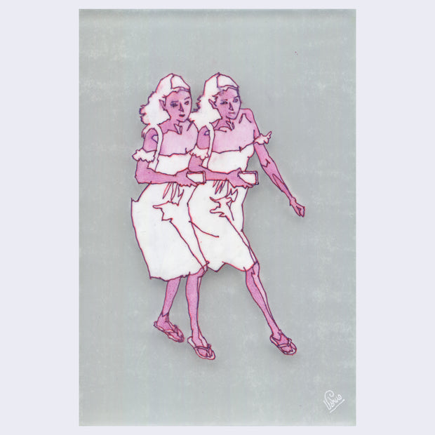 Pink and white drawing on plexiglass of two woman, walking in sync with one another both holding a phone in their hand. They wear matching white dresses and have the same hairstyle.