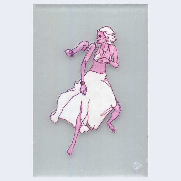 Pink and white drawing on plexiglass of a woman in a bikini top and a long flowing skirt. Her body is tilted slightly back, as if she is dancing with her arms in a slightly defensive pose.