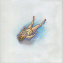 Illustration of a blonde woman in a bikini bathing suit floating atop of water, though the water is only visible directly under her and then fades into white around her body.