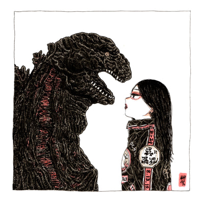 Illustration of an anime-style woman's profile, looking face to face with an opened mouth black Godzilla. The woman has pink eyeshadow and lipstick and wears a black jacket with pink and white accents and Japanese script. Background is all white.