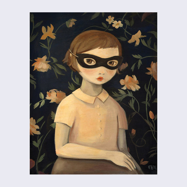 The front side of notecard has an illustration of a blushing girl who wears a black mask in front of a wallpaper of flowers.