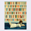 Illustration of a large 6 tier bookcase, full of many colored books. In front, a woman wearing a white dress lays on the ground on her stomach while reading a book.