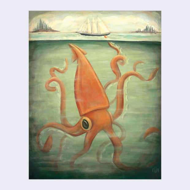 Illustration of a large orange Kraken, seen underwater with one of its tentacles rising up to poke a small boat that is floating on the surface of the water.