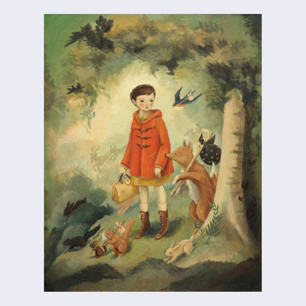 Illustration of a young girl in a red coat and yellow dress, holding a yellow purse and walking through a forest setting. She is accompanied by a fox and various woodland critters, all holding sacks on sticks on their backs.
