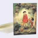 The front of note card is shown. The notecard has an illustration of a girl in a red coat. She is surrounded by animals who carry bindle sticks.