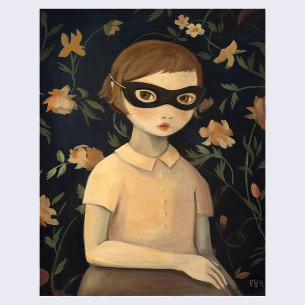 Illustration of a young girl with very short brown hair, sitting against a black wall with floral wallpaper. She wears a black eye mask tied around her face and looks off to the side.