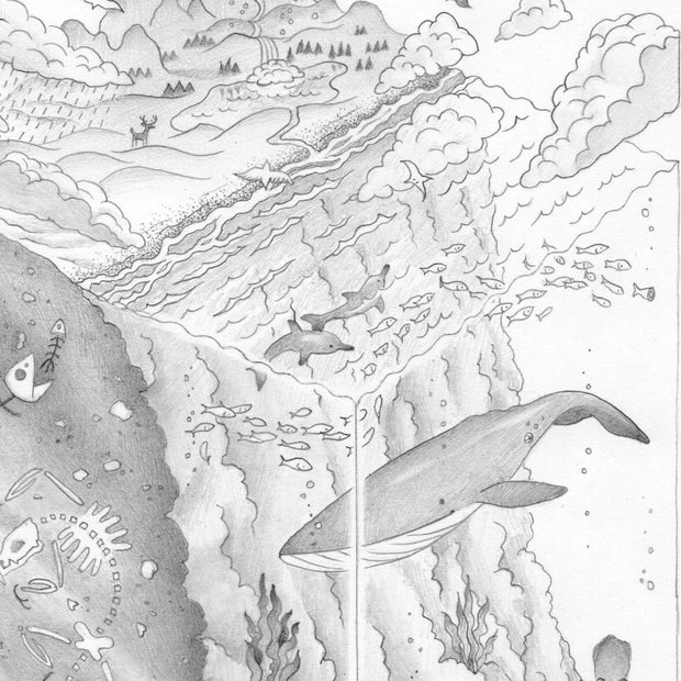 Close up of fine detail pencil illustration of a 3D rectangle holding an ecosytem with whale, mountains and fossils.