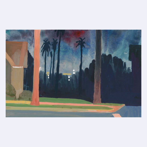 Plein air painting of a night scene neighborhood, with trunks of palm trees in the foreground and city lights in the background.