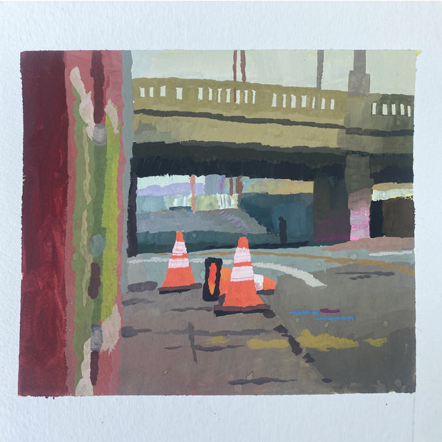 Plein air painting of a view under a bridge, with orange traffic cones in the foreground.