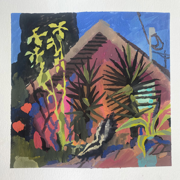 Plein air painting of a pink house visible only slightly behind various desert plants. A skunk stands in front of the house.