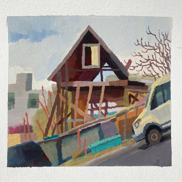 Plein air painting of a house, being built or remodeled with only the frame and roof in place. It's on a sloping hill with construction fencing.