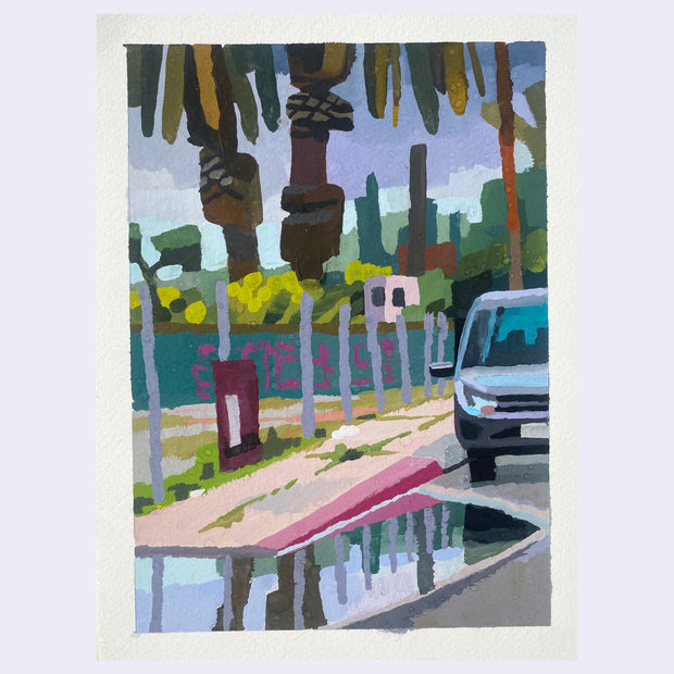 Plein air painting of a sidewalk and part of the street, a large puddle along the curb. Palm trees are in the background and a car is parked.