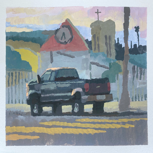 Plein air painting of a truck parked along a street, right in front of a yellow crosswalk.