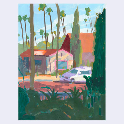 Plein air painting of a 1 story house with pink trim and an orange roof, visible beyond greenery. A car is parked out front.