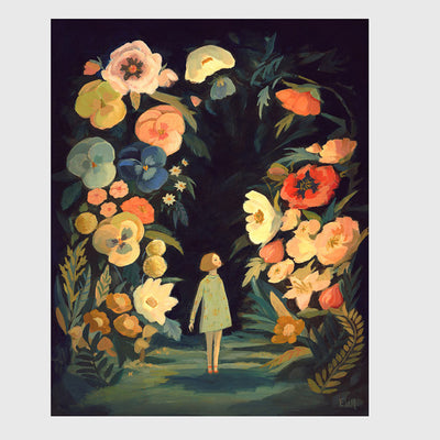 Illustration of a small girl in a mint colored green long sleeve dress, walking through very large flowers and leaves, as if she has been shrunk down.