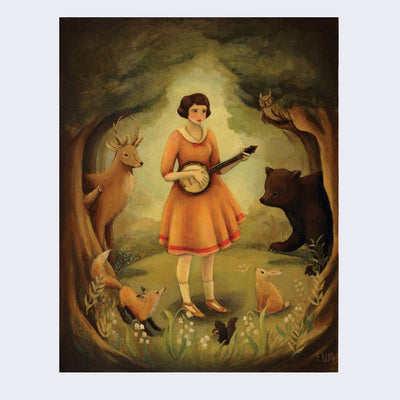 Illustration of a young woman wearing a pink dress playing the banjo to an audience of woodland critters in a sepia toned forest setting.