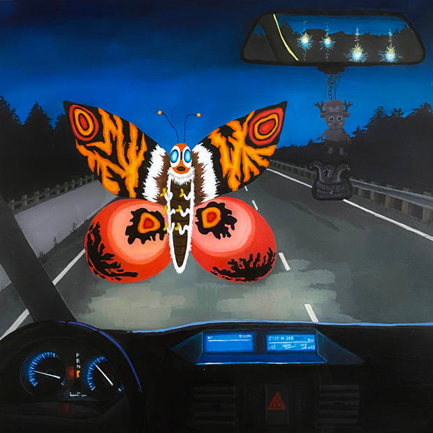 Painting of a night time scene, depicting the interior of a car looking out at an open freeway surrounded by trees, with a large Mothra appearing in front of the windshield. Headlights can be seen in the rear view window with a keychain of Chopper from One Piece and a 3 headed snake air freshener hanging from the rearview mirror.