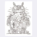 Black ink line drawing illustration, without any shading of a chubby bear-like creature, standing tall amongst a small landscape. Within him is a series nature elements, trees and leaves making up his body and within his belly is a scene with many small characters and buildings.