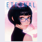 Book cover featuring a highly rendered digital illustration of a woman with a black bob cut and blue glasses, looking back over her shoulders at the viewer. Background is a soft pink, "Eternal" is written in all caps blue font along the top.
