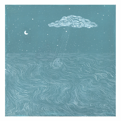 Simple white line painting on teal background of a woman swimming in an expansive body of water. A cloud is overhead and beams down sideways dotted lines, like rain.