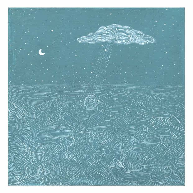 Simple white line painting on teal background of a woman swimming in an expansive body of water. A cloud is overhead and beams down sideways dotted lines, like rain.