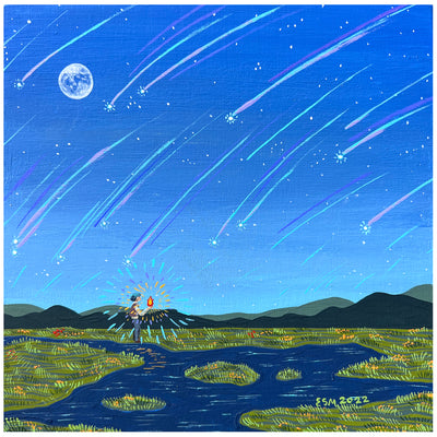 Painting of an outside scene, with a bright blue sky in the background with many falling stars and a full moon in the upper right. A person stands, within a marshland setting, holding a small orange flame that exudes colorful light rays.