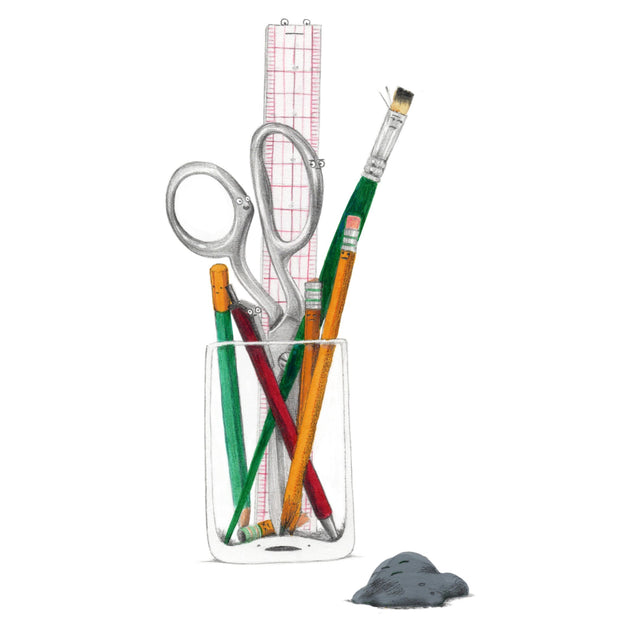Pencil illustration of a glass cup holding 4 pencils, a paintbrush, a ruler, a pair of scissors, with a kneadable eraser nearby. Each object has a different expressive face. All white background.