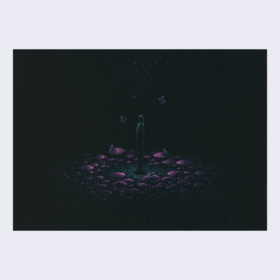 Pointillism style illustration on black paper. An outlined silhouette figure stands in a circle of pink mushrooms, looking up at a subtle ray of light with two butterflies flying nearby.