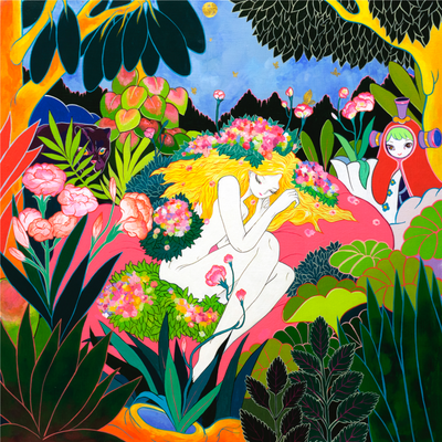 Brightly colored painting of a jungle setting, with lots of different trees, flowers and plants. In the center, a nude woman with long blonde hair is curled up in a resting position, with flowers in her hair. Behind, a person in a red cloak with cone shaped attachments on their head looks at the sleeping woman. A black puma lurks in the background.