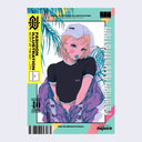 Book cover, an illustrated anime style girl with a red lipstick kiss on her cheek and blue lollipop in mouth stands framed in a white panel with mint border, with title written around similar to a fashion magazine cover.