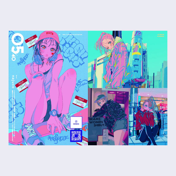 Open two page book spread. Various brightly colored illustration scenes of anime style girls in street fashion.