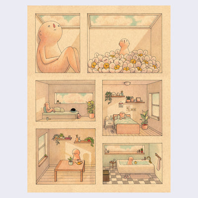 Illustration on brown toned paper, divided into 6 different scenes. Each scene depicts a semi-anthropomorphic character in a different home scene.