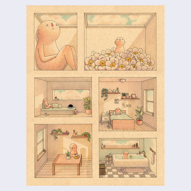 Illustration on brown toned paper, divided into 6 different scenes. Each scene depicts a semi-anthropomorphic character in a different home scene.