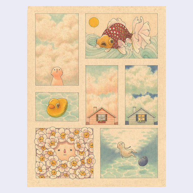 Illustration on brown toned paper, divided into 7 different sections. Sections include character looking into sky, a large koi fish, a floating rubber duck, a day and night house scene, a face submerged in flowers and a character floating underwater.