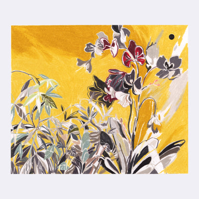 Color pencil illustration on a bright goldenrod yellow background, of red and gray orchids and various weed like leaves.
