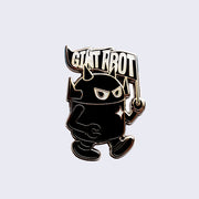 Enamel pin of a black robot with a silver outline, walking while holding a flag that says "Giant Robot."