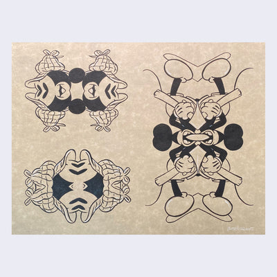 Ink drawing on toned paper of 3 different images. Each one is of Mickey Mouse, who is used to create a strange geometric pattern by mirroring his image so close together that parts of him are obscured, leaving only recognizable elements such as his shoes or gloves or ears.