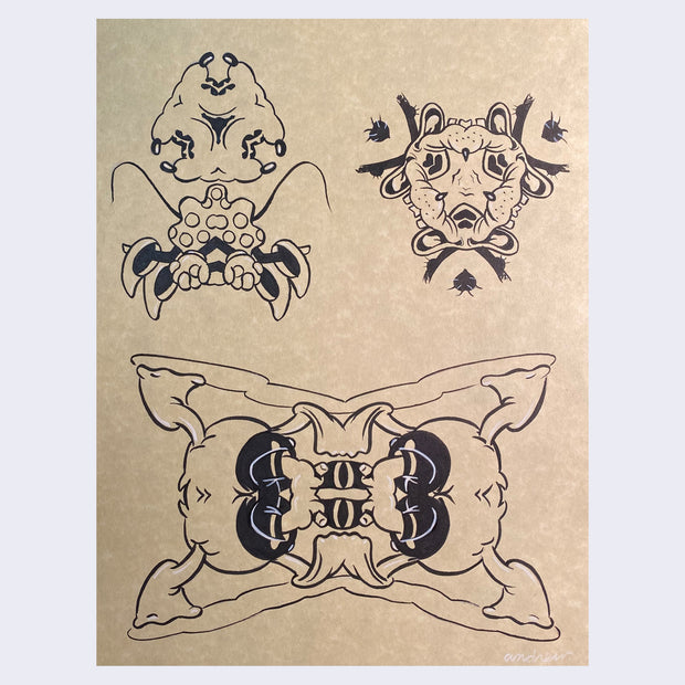 Ink on toned paper of 3 different images. Images include Minnie Mouse, Goofy and Donald Duck. They are all individually mirrored images, creating multiple angles from the same pose. Most of their features are obstructed from the mirror center being so close.