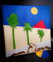Vinyl (pleather) recreation of The Cure's "Boys Don't Cry" album cover, with a pleather black record peeping out from the sleeve. Cover features a rabbit, underground below 3 green palm trees, a simple red pyramid, a blue sky and a yellow sun.
