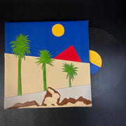 Vinyl (pleather) recreation of The Cure's "Boys Don't Cry" album cover, with a pleather black record peeping out from the sleeve. Cover features a rabbit, underground below 3 green palm trees, a simple red pyramid, a blue sky and a yellow sun.