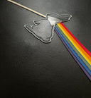 Close up showing detail of the vinyl album cover,  with the pleather fabric and sewn design details.